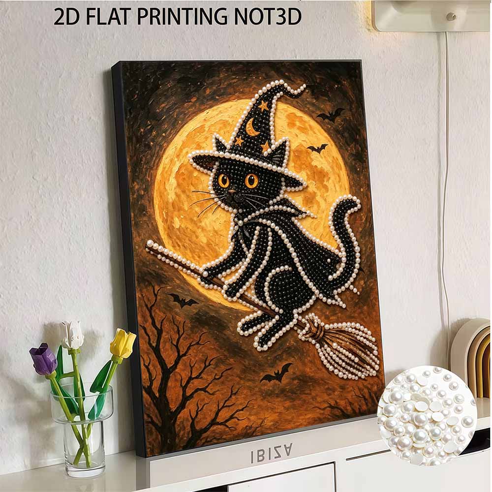 Набор для DIY-рисования жемчугом без рамки Узор Черная Кошка На Метле 3D Блестящая Картина из Бусин Холст Расслабляющая Творческая Домашняя Декорация Поделка Подарок