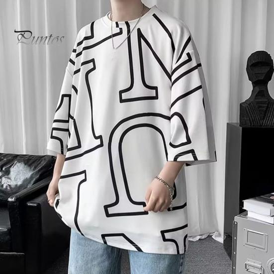 Летняя мужская футболка с круглым вырезом средней длины, соответствующий цвету с буквенным принтом, ледяной шелк, пуловер с короткими рукавами, свободная уличная одежда, молодежный топ для подростков