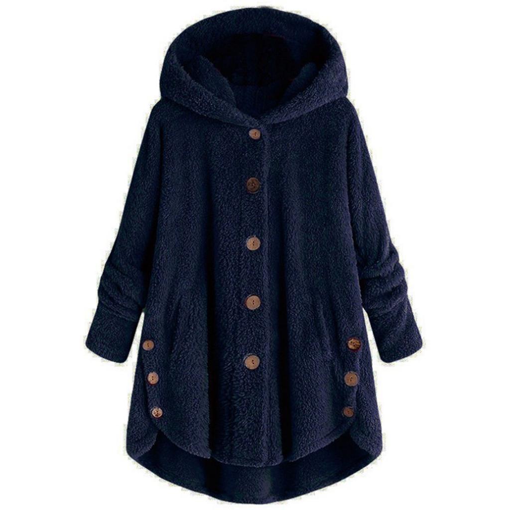 Women Plus Size Button Plush Tops Hooded Loose Cardigan Wool Coat Winter Jacket