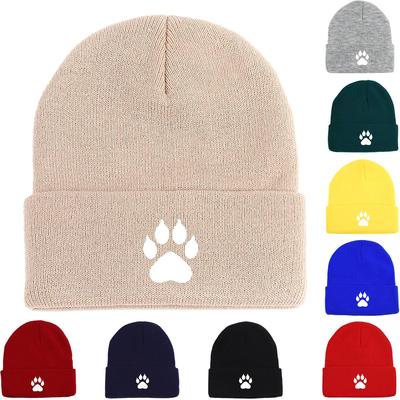 Белая вязаная шапка с принтом кошачьей лапки, шапка-бини, мужская шапка, эластичная зимняя простая шапка-помпон, вязаная шапка-бини