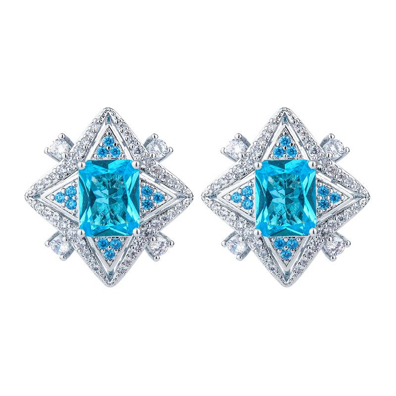 Jewelry, jewelry, stud earrings, sea blue zirconium pink zircon, fashionable European and American high-end quadrilateral Margaret Topa women's models