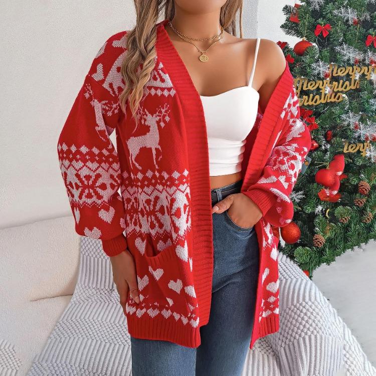 Vintage Christmas Knitwear Cardigan Loose V Neck Sweater Long Sleeve Top Winter Autumn Print Fashion