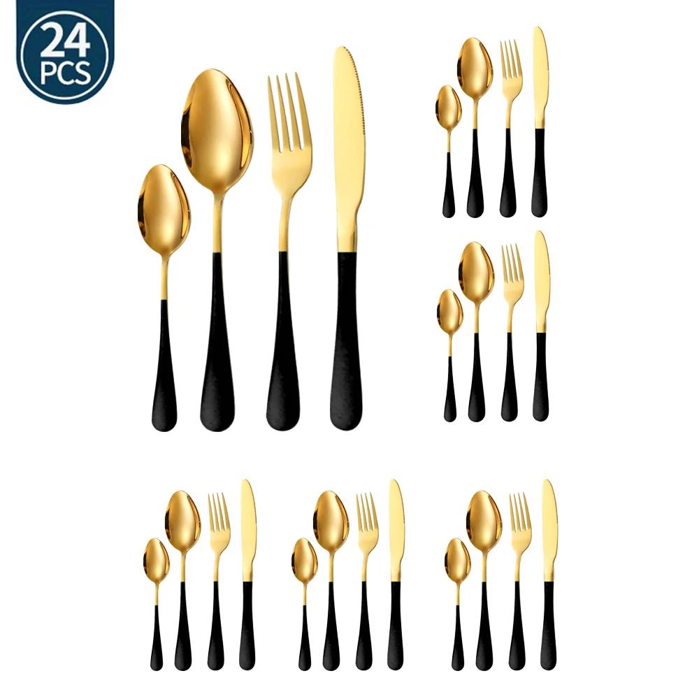 24Pcs Green Gold Tableware Set Stainless Steel Cutlery Kitchen Dinnerware Knife Fork Spoon Restaurant Wedding Flatware Set