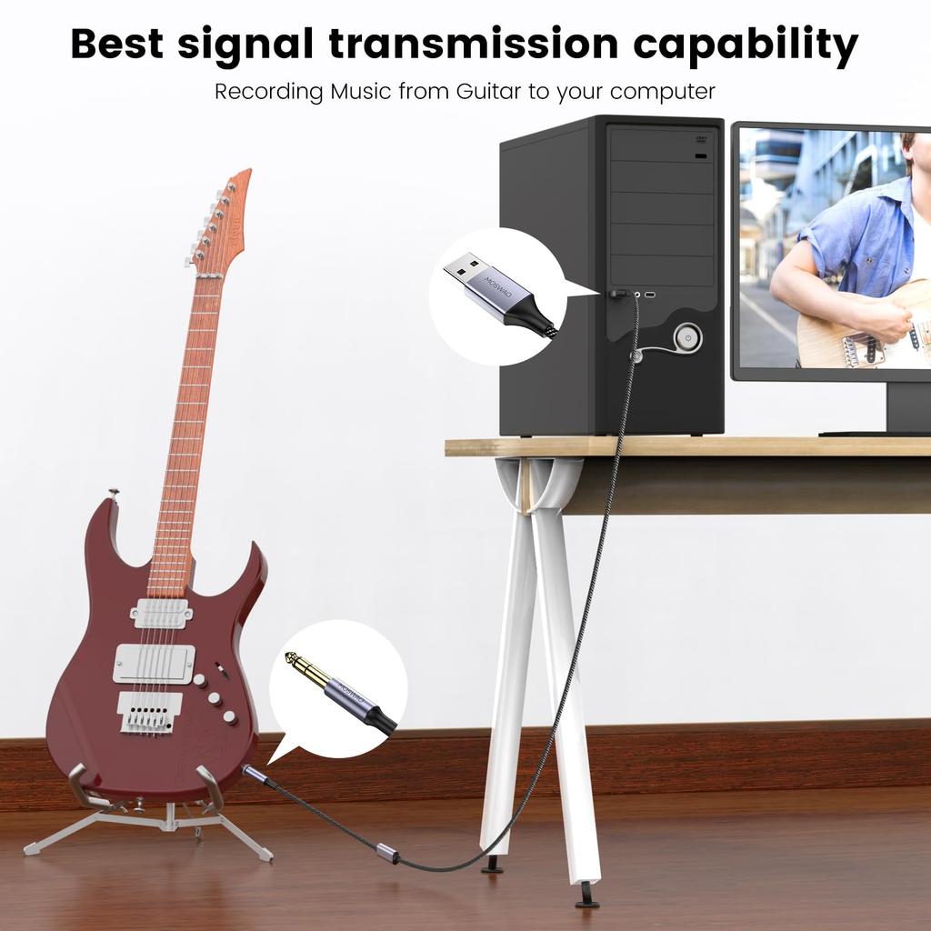 Кабель USB - Аудио MOSWAG с функцией записи 2 м USB - Штекер TRS Стерео Совместим с VD Другой 6,35 мм (2 метра), Кабель 6,35 мм, Микрофон,
