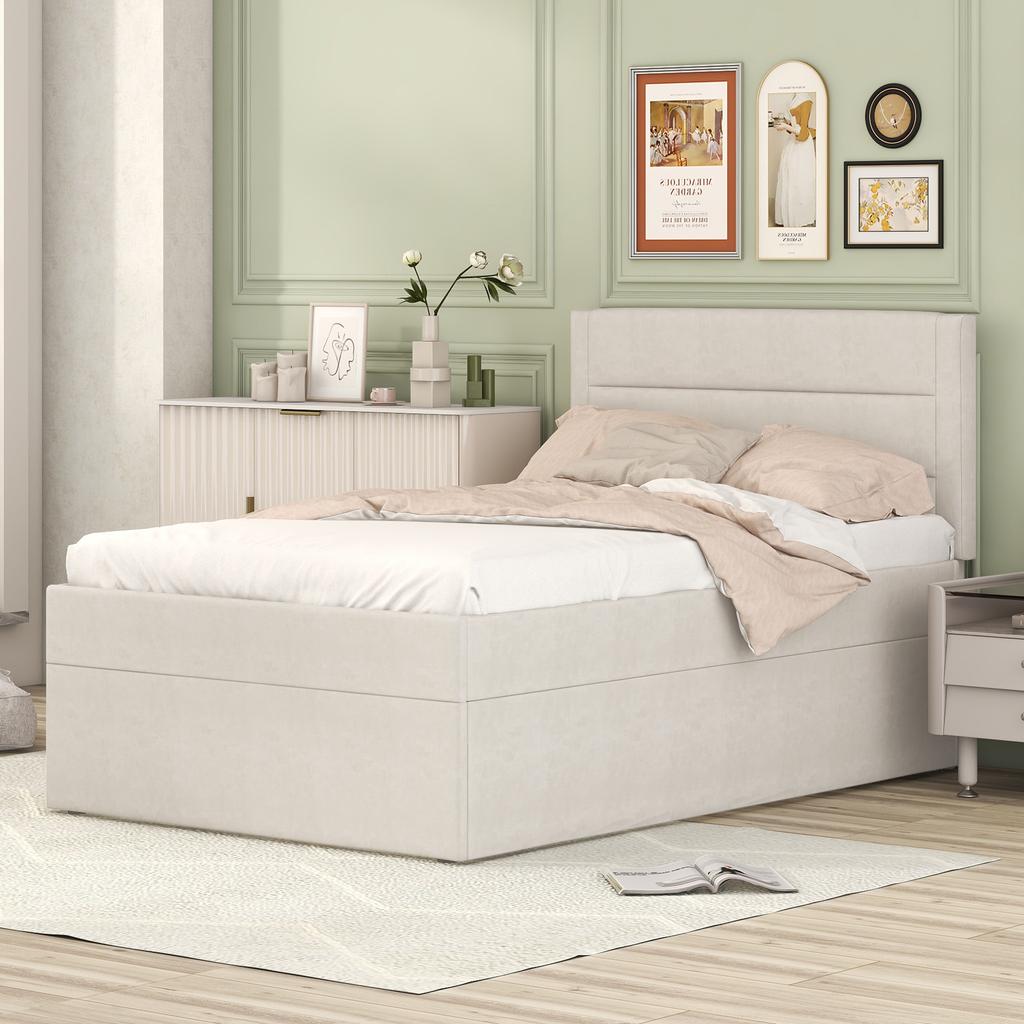 Upholstered Bed, 90 x 200, Single Bed with Slatted Frame made of Metal Frame, Large Storage Space, Without Mattress, Beige, 200x90cm.