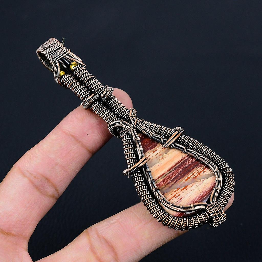 Уникальный драгоценный камень из красной речной яшмы из чистой медной проволоки, завернутый в подвеску ручной работы, ювелирные изделия