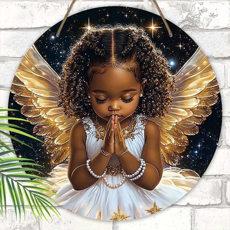 Деревянная табличка «Черный ангел с золотыми крыльями» - Круглая табличка «Ангел» для декора на дверь или стену - Идеальное домашнее подвесное украшение