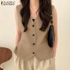 Women Elegant V-Neck Sleeveless Button Waist Solid Color Loose Tanks