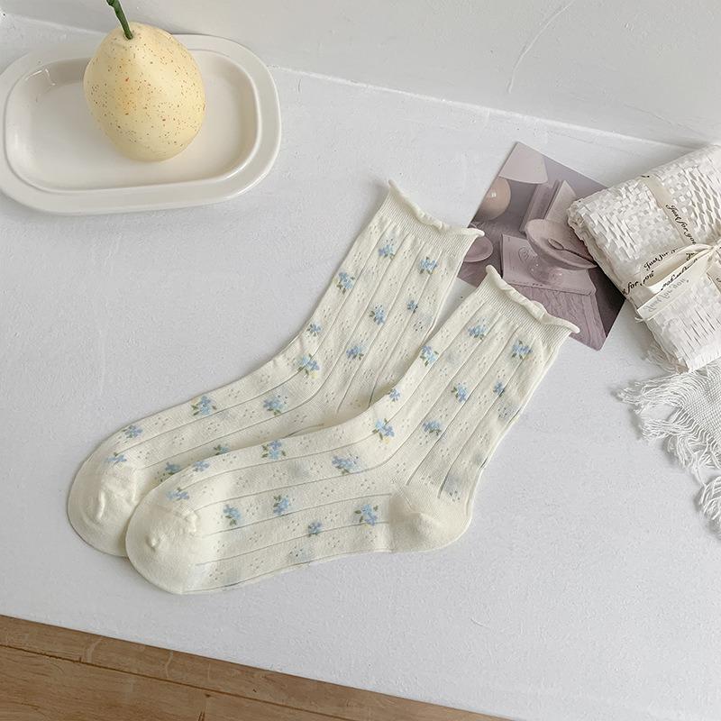 Женские весенне-летние тонкие литературные носки-гольфы с маленькими цветочками и милым бантиком, без косточек, с закрученным краем