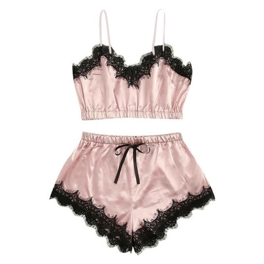 Women Sexy Lace Strappy Babydoll Lingerie Silk Satin Cami Top Shorts Nightwear Pyjama Set