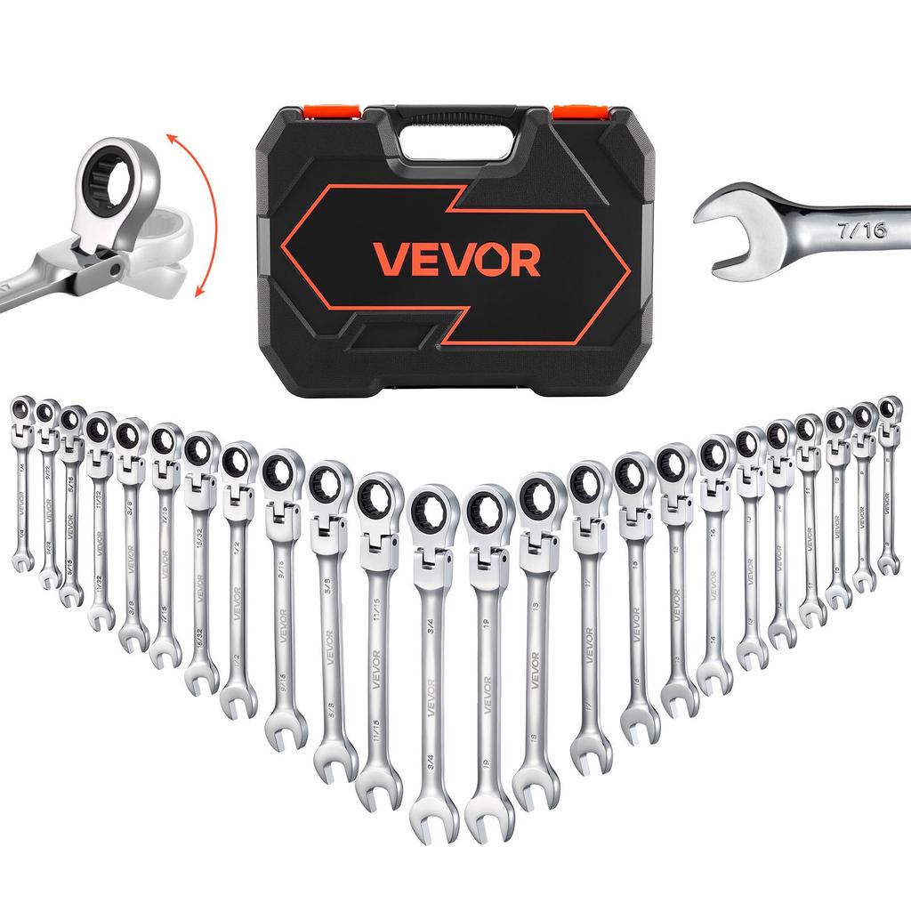VEVOR Flex-Head Ratcheting Wrench Set, 24-Piece SAE and Metric, 72 Teeth, Cr-V Steel Ratchet Flexible Combination Wrench Set with Storage Case