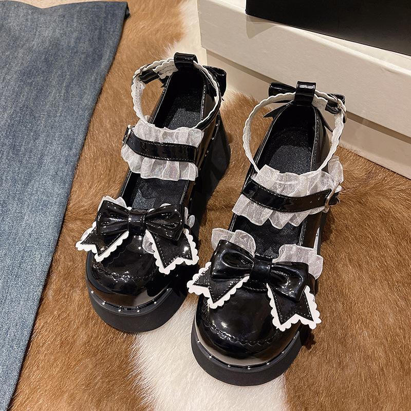 Модные японские каваи панк гот массивные туфли-лодочки на платформе женские туфли на танкетке с бантом Мэри Джейн Лолита женские туфли с ремешком на щиколотке в виде сердца черные туфли