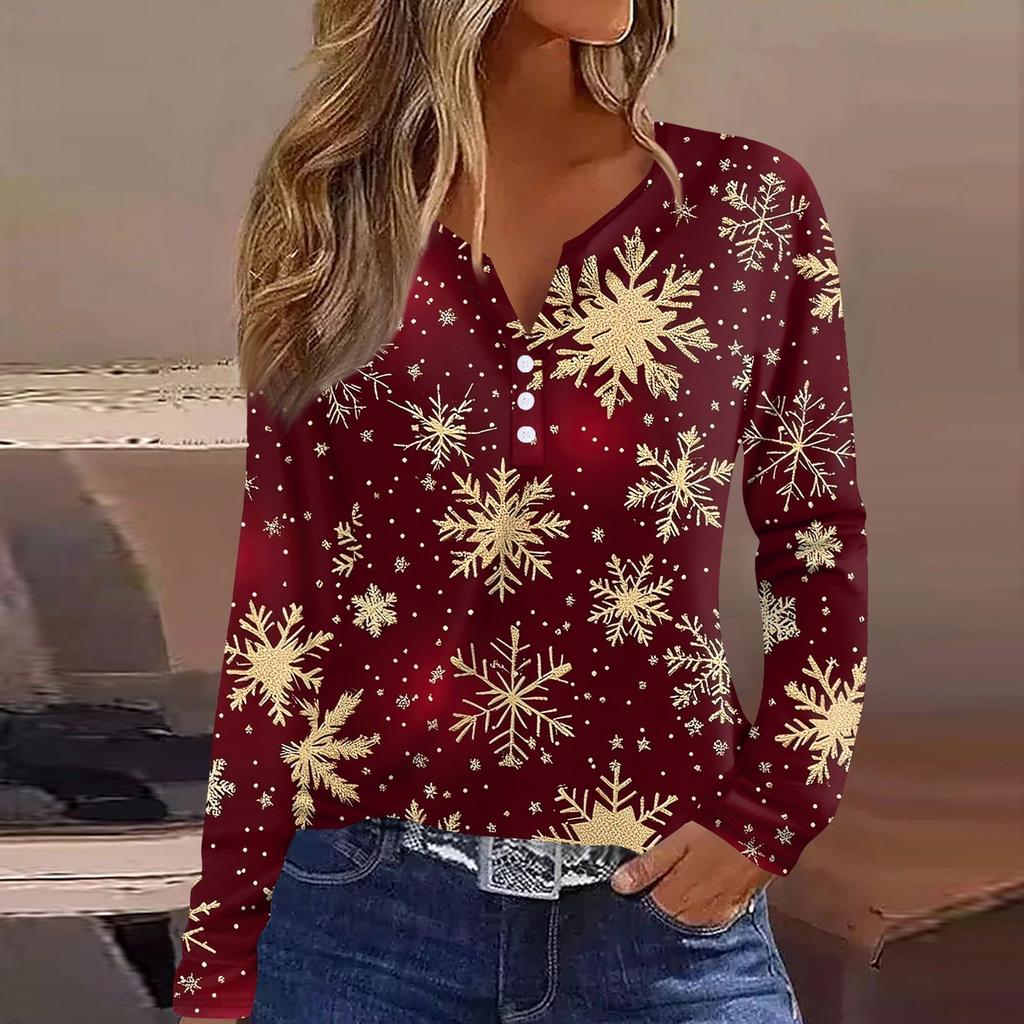Женская футболка с рождественским принтом на пуговицах с длинным рукавом, повседневная, выходного дня, модная, базовая, с V-образным вырезом, обычная