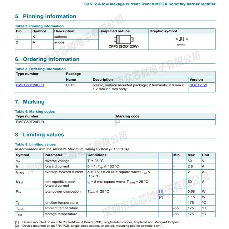 60 В 2 А Диод Шоттки и Выпрямитель PMEG60T20ELRX SOD-123W-2