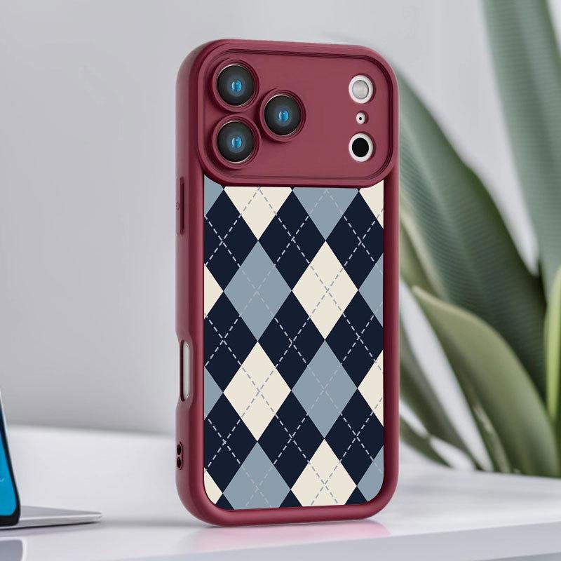 Сине-белый чехол для iPhone с ромбовидным узором для 13, 14 Pro, 15, 16 Pro Max, 17 - Стильный и модный дизайн