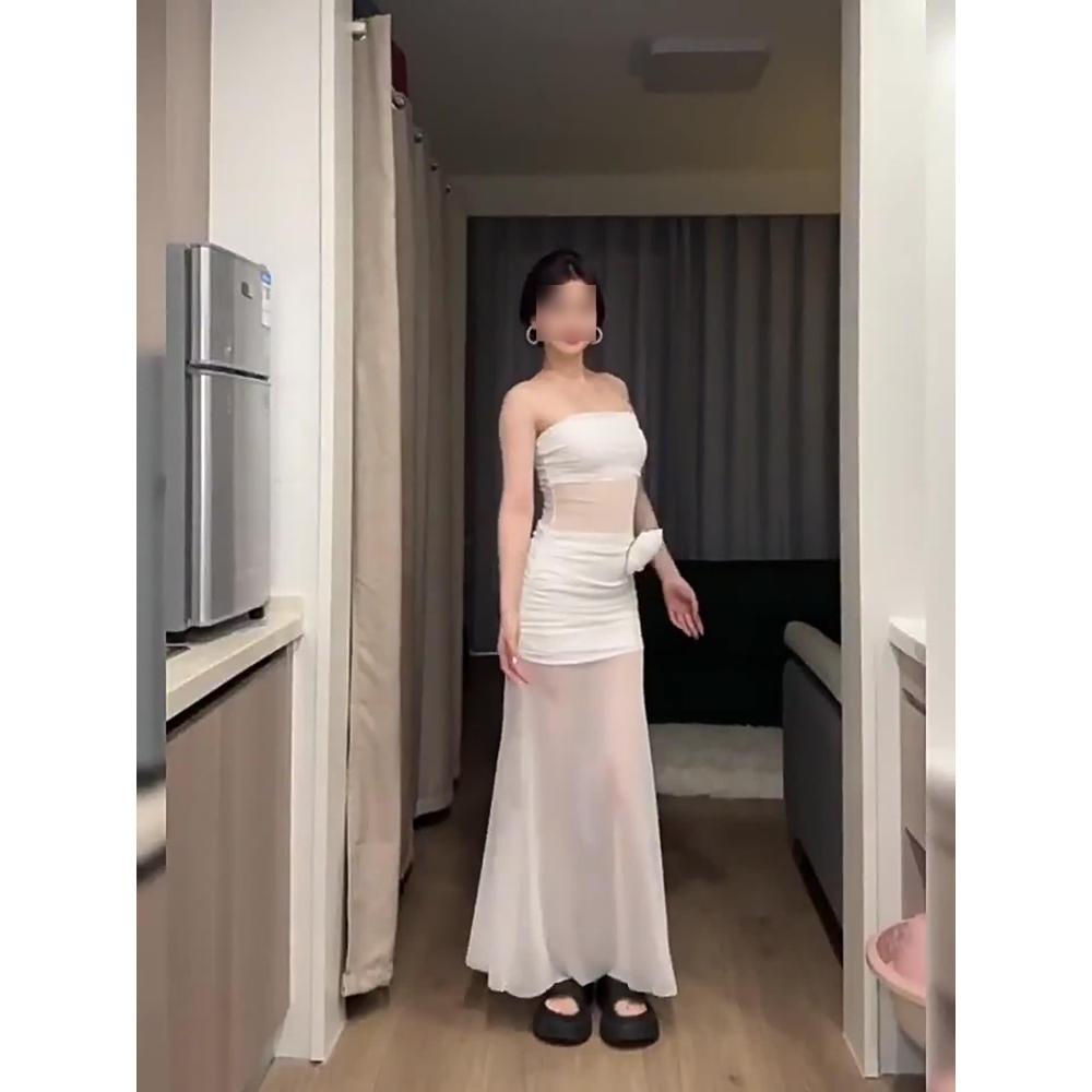 Платье-топ-труба из белой сетки с ветреным характером, женское, весеннее, с темпераментом, с завышенной талией, для морского отдыха, облегающее бедра, длинная юбка