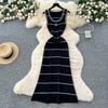 Summer Women Casual Black Sleeveless Striped Long Maxi Knitted Sweater Dresses