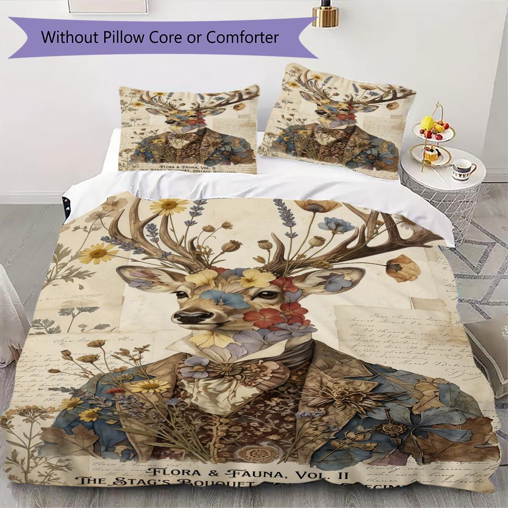 Retro Deer Pattern Bedding uilt Set uilt Cover Pillowcase Home Decoration Birthday Gift (1 * duvet cover + 2 * pillowcase without core)