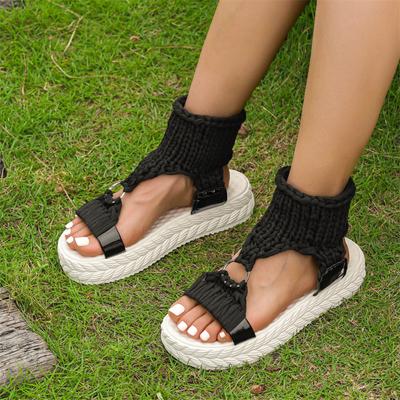2024 Женские сексуальные пляжные туфли 2024 года, однотонные плетеные трикотажные босоножки на платформе с вырезом и круглым кольцом, летние сетчатые сандалии для женщин