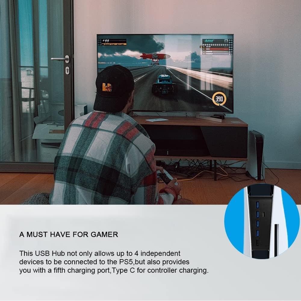 Адаптер-концентратор для консоли PS5 с 5 портами USB + 1 портом типа C, черный