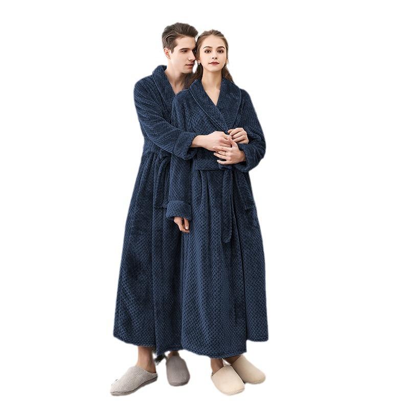 Plus Size Men's Autumn Winter Bathrobe Couple's Thickened Long Robe Solid Waist-tie Loungewear with Pockets