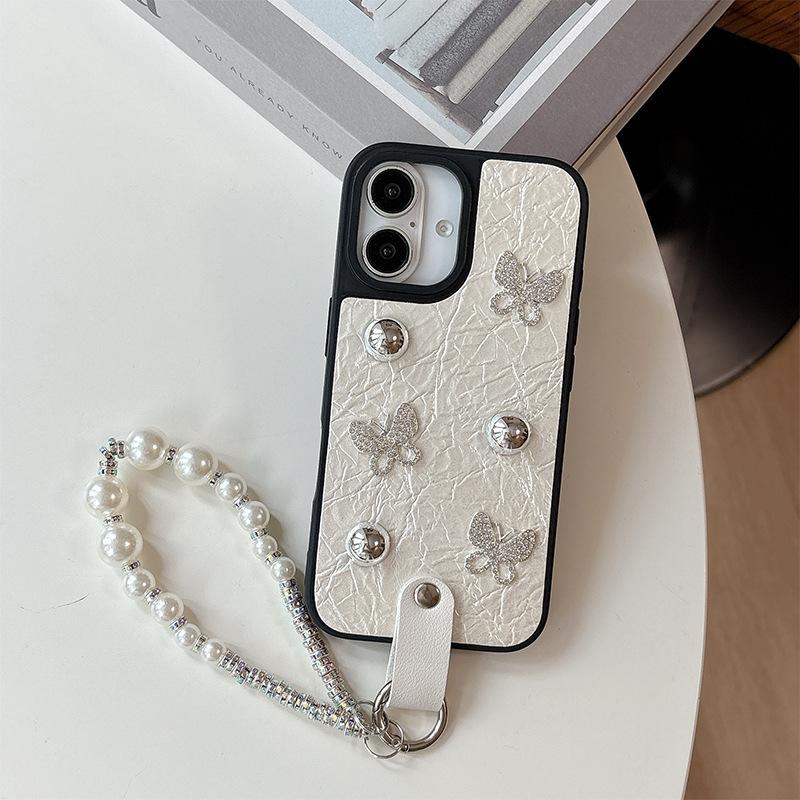 Серебряный бант из бусин для чехла для мобильного телефона iPhone 16 14 Защитная крышка для iPhone 17 Promax Жемчужный браслет 15