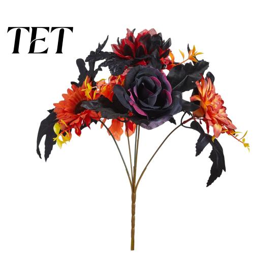 Thanksgiving Centerpiece Halloween Artificial Flower, Fall Faux Sunflower Rose Bouquet with Black Rustic Tabletop Maple Leaves, Autumn Fake