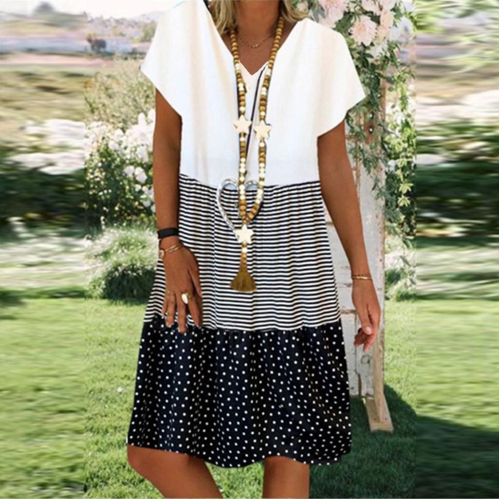 Модное женское повседневное свободное платье в полоску в горошек с v-образным вырезом и короткими рукавами