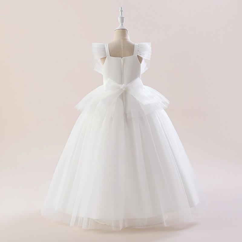 Girls Princess Tulle Dress Party Performance Gown White Long Kids Over 4Y
