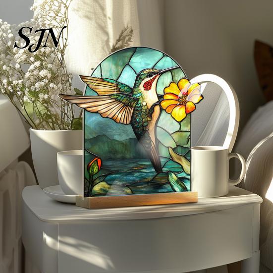Stable Wooden Base Decoration Stained Glass Style Acrylic Table Centerpieces, Floral & Landscape Pattern Durable Desk Ornament Tabletop Sign with Wood