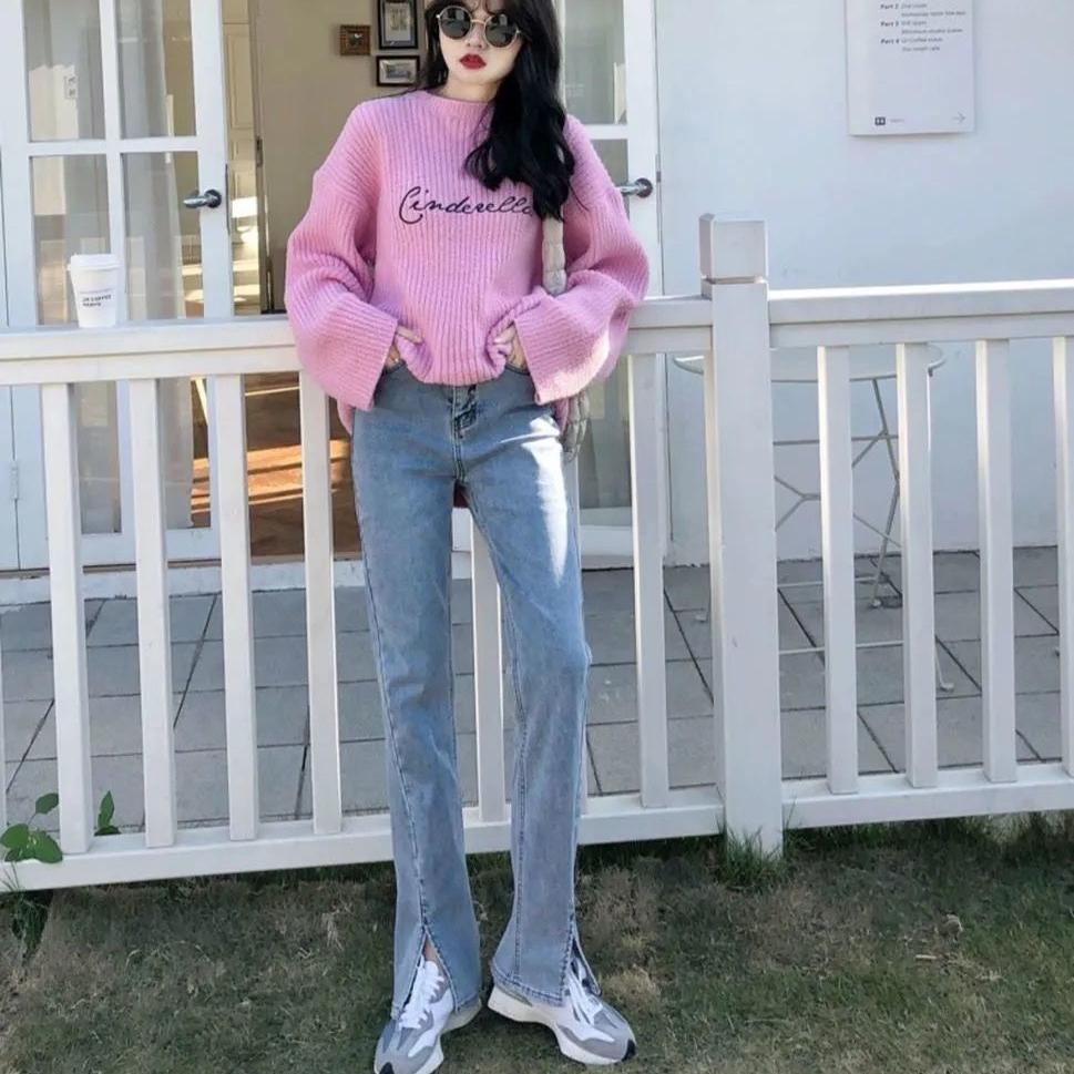 Женские джинсовые брюки с высокой талией на весну и осень, универсальные прямые повседневные джинсовые брюки с широкими штанинами и разрезом на вилке