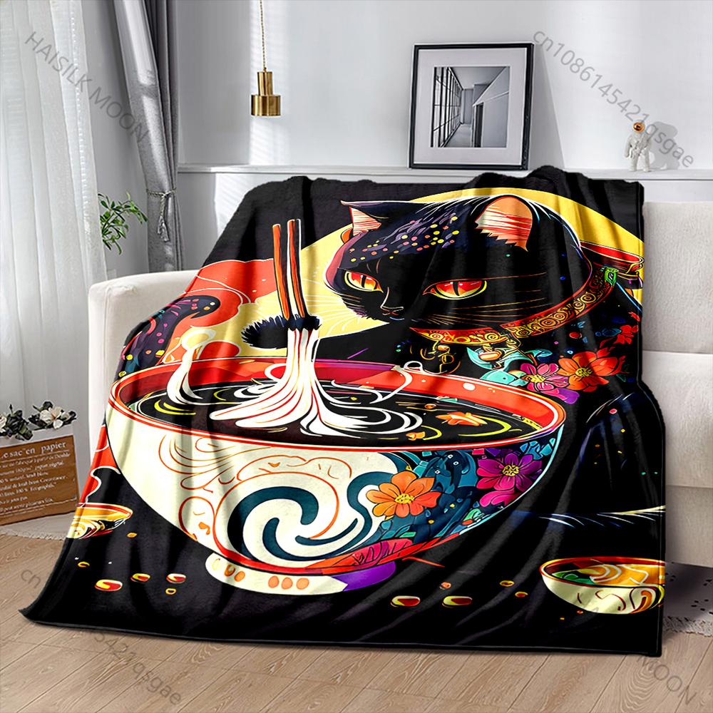 Multiple sizes Black cat eating noodles Print Blanket Warm Soft for Children Adults Luxury Gifts Home Sofa Travel Camping