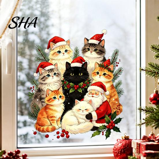 Winter Holiday Window Art Cat Christmas Static Cling Decal, Waterproof PVC Festive Sticker, Seasonal Glass Clings Easy Apply Decorative for