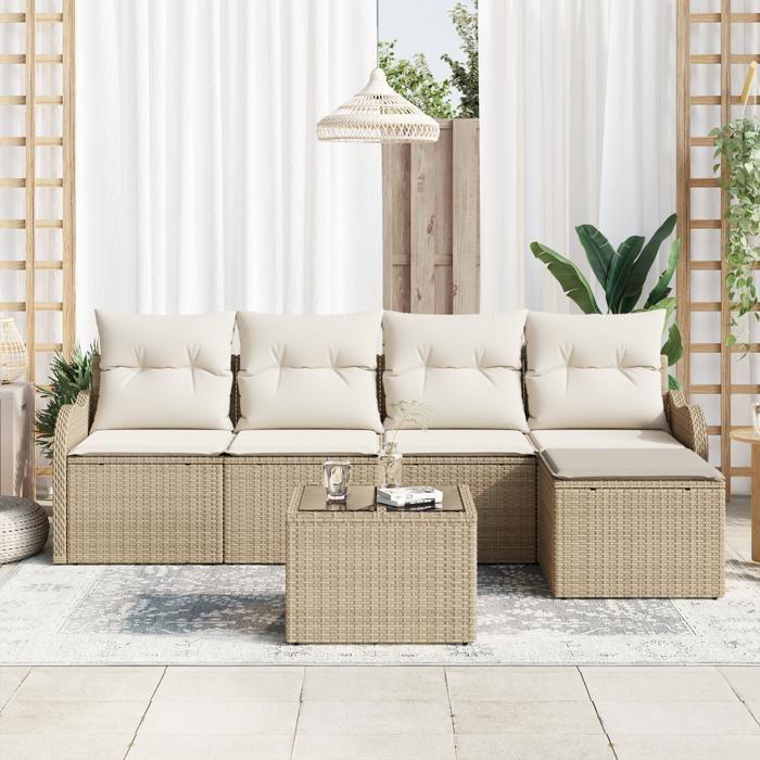 Ensemble de Canapé de Jardin 6 Pièces avec Coussins Rattan Poly Brun 3345671