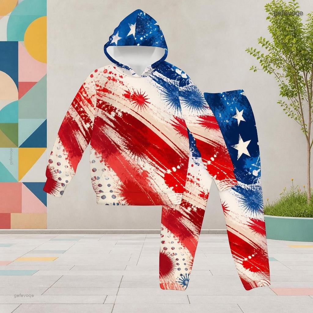Girls Navy Blue Printed Hooded Long Sleeve Kangaroo Pocket Top Cuffed Pants Two Piece Outfit