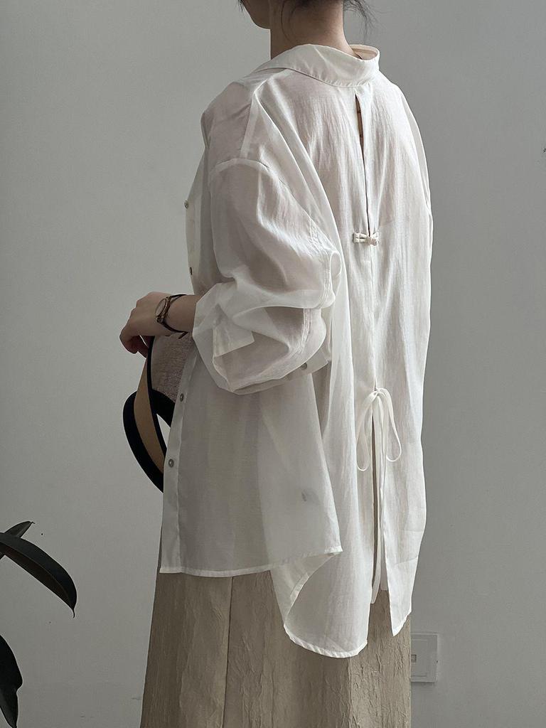 Women's Summer Loose Fit Tencel Shirt with Frog Buttons and Tie-Back, Turn-Down Collar, Sun Protection