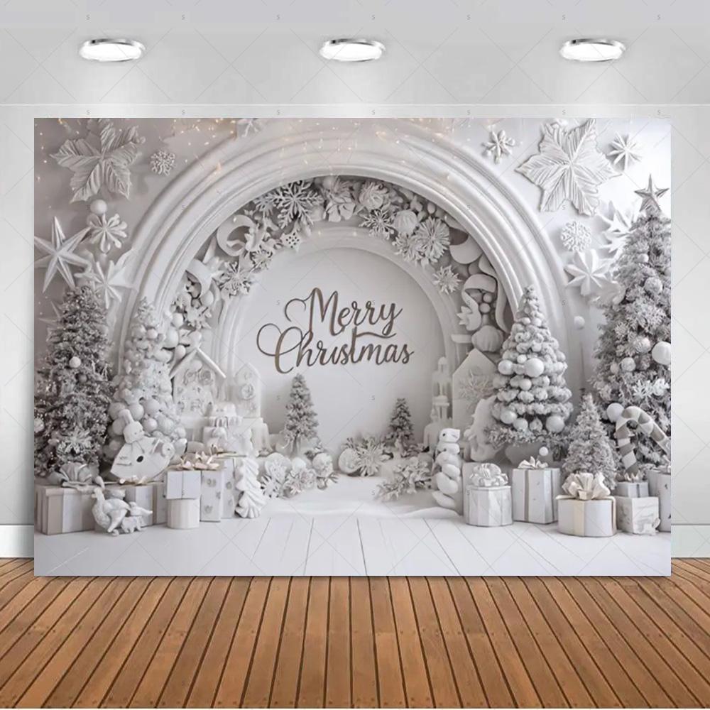 White Christmas Snow Scenery Background Xmas Tree Garland Gifts Photography Backdrop Family Xmas Party Decoration Photo Studio