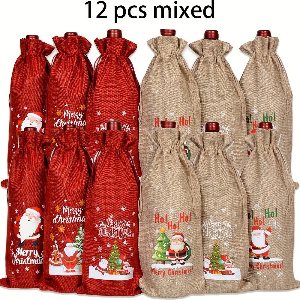Festive Christmas Wine Bottle Gift Bags - Red & Khaki Burlap Tote Bags with Santa Claus, Christmas and Holiday Greetings Holiday