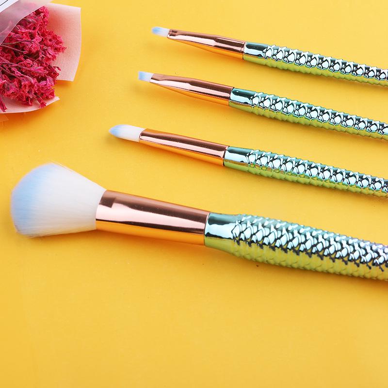 Mermaid 4-Piece Makeup Brush Set with Soft Electroplated Nylon Bristles in a PVC Bag