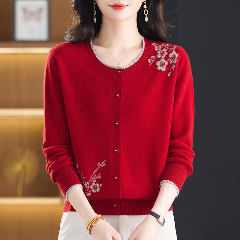 Women's Pure Wool Embroidered Cardigan - Round Neck, Button-Up Knitwear for Autumn/Winter