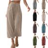 Capris Pants For Women Cotton Linen Casual Summer Straight Wide Leg Loose Drawstring Elastic Waist Cropped Trouser