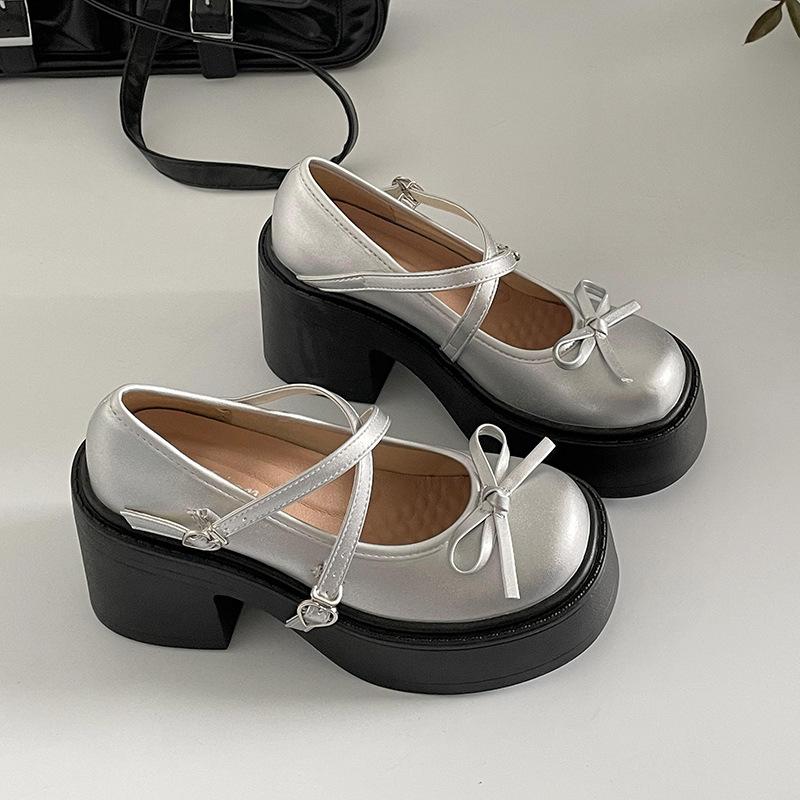 Черные туфли Мэри Джейн с круглым носком и толстой подошвой, кожаные туфли для женщин, новая летняя юбка 2025 года, французские туфли с толстым каблуком