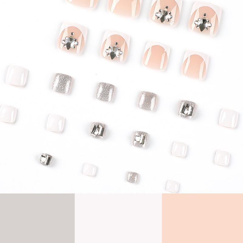 24Pcs/Set Quick Nails Short White Edge French Diamond Toenails False Nials Sticker Wearable Waterproof Manicure Finished Nails