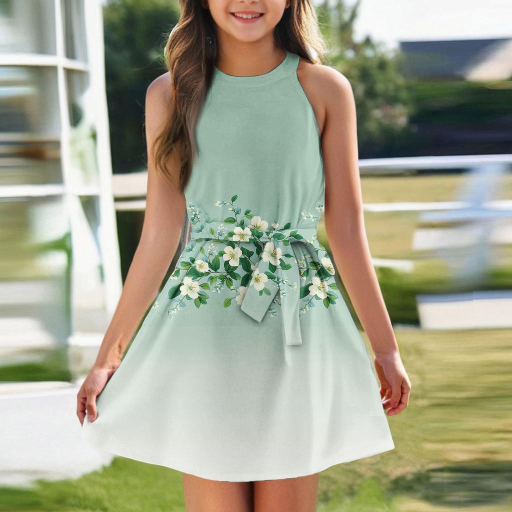 Летнее платье для девочек Платье без рукавов на бретельках Однотонное платье без рукавов с принтом Повседневное платье