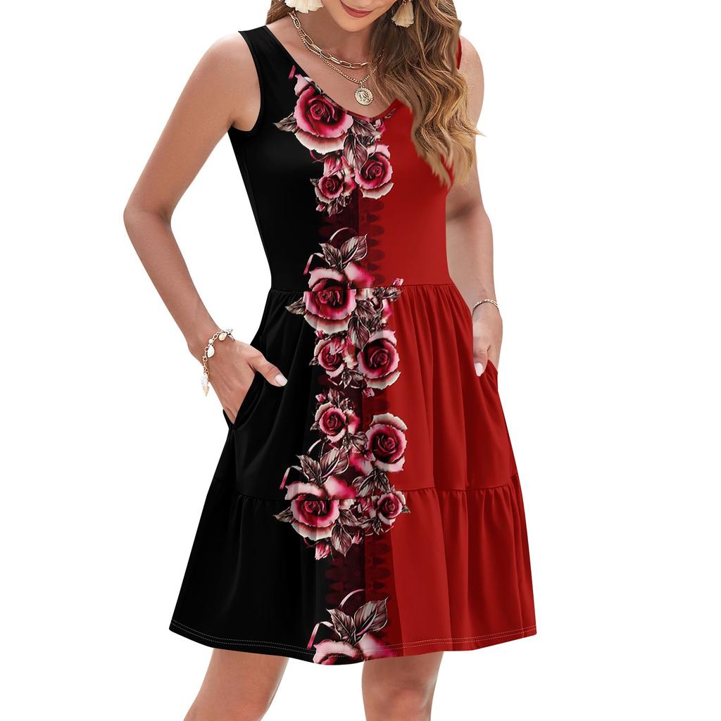 Women's Summer Fashion Casual V-neck Pleated Patchwork Vintage Floral Print Sleeveless Pocket Vest Dress