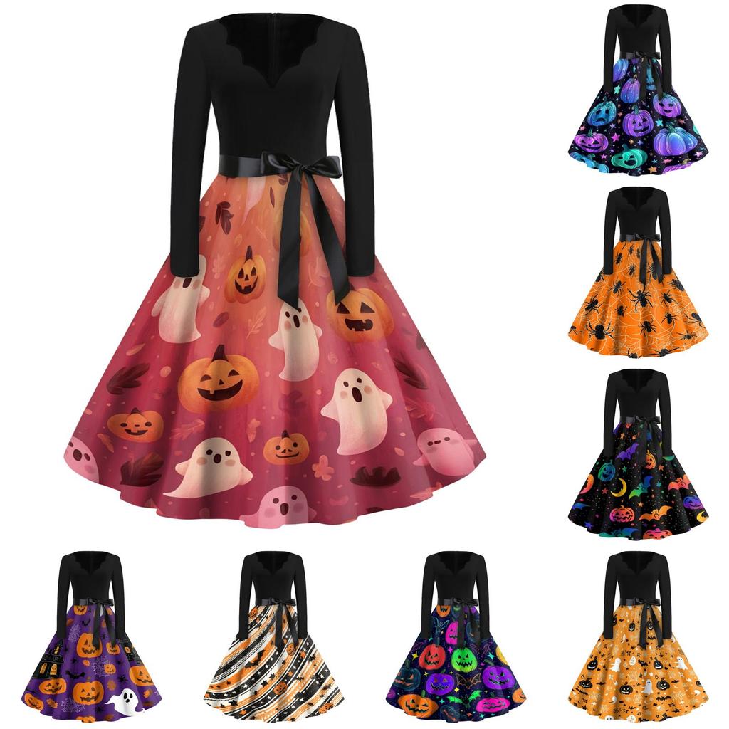 Women's Casual Halloween Print V Neck Vintage Style Dress Long Sleeve Fit and Flare Midi Dress with Waist Tie Belt