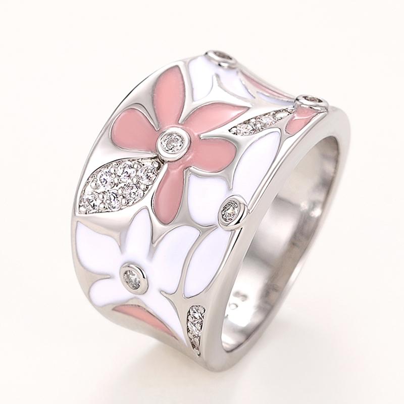 Huitan Aesthetic Enamel Flower Finger Ring for Women Wedding Party New Ring Color Luxury Cubic Zirconia Jewelry Gift