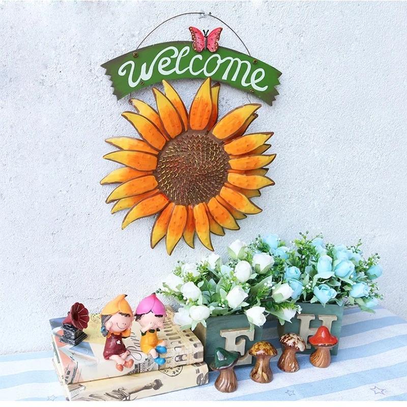 Garden Creative Living Room Wall Decorations WELCOME Sun Flower Pendant European Style Iron Mural Farmhouse Decor