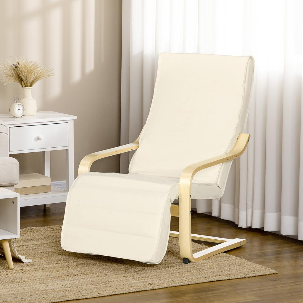 Lounge Chair with Cushion, 5-Level Footrest, Birch Wood, Up to 120 kg, 66.5 x 94 x 100 cm, Cream White
