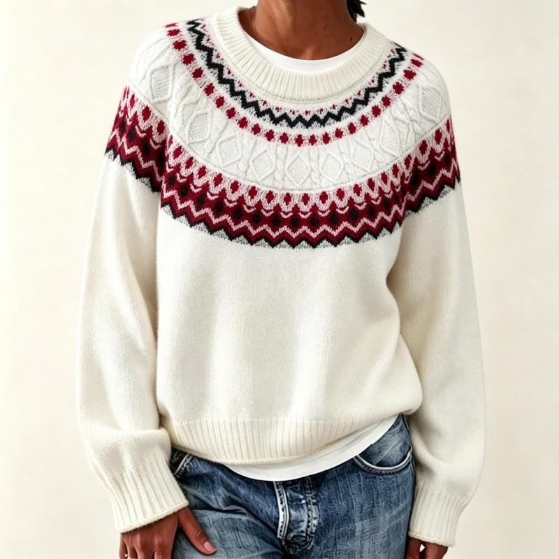 Womens Oversized Knit Sweater With Fair Isle Round Neck Long Sleeve Loose Fit Fall Winter Casual Top